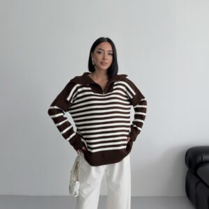 Oversized Striped Sweater With Notched Neck - Brand: My Fashion - Women & Kids, Baby Clothes Wholesale - TheBS Women