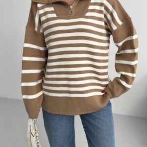 Beige Striped Oversized Fit Sweater With Hooded Neck - Brand: My Fashion - Women & Kids, Baby Clothes Wholesale - TheBS Women