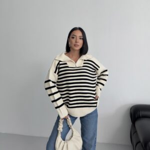 Beige Oversized Fit Striped Sweater - Brand: My Fashion - Women & Kids, Baby Clothes Wholesale - TheBS Women