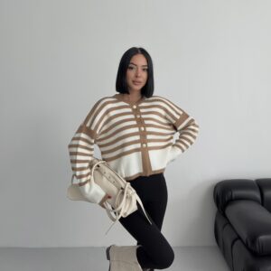 Beige Striped Oversized Fit Cardigan - Brand: My Fashion - Women & Kids, Baby Clothes Wholesale - TheBS Women