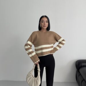 Brown Casual Striped Crop Sweater - Brand: My Fashion - Women & Kids, Baby Clothes Wholesale - TheBS Women
