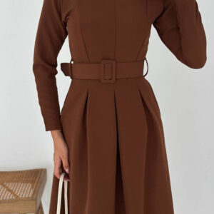 Elegant Brown A-Line Midi Dress With Long Sleeves - Brand: Mode Roy - Women & Kids, Baby Clothes Wholesale - TheBS Women