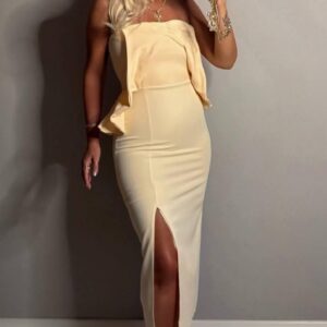 Beige Strapless Bodycon Midi Dress - Brand: My Jest Fashion - Women & Kids, Baby Clothes Wholesale - TheBS Women