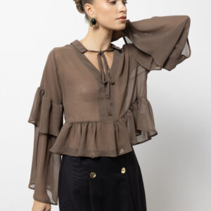 Black Shirt With Ruffle Long Sleeves & V-NeckElegant Casual - Brand: Cream Rouge - Women & Kids, Baby Clothes Wholesale - TheBS Women