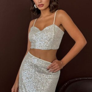 Silver Glam Fitted Sequined Sleeveless Sweetheart Neck Crop Cap Sleeve Blouse - Brand: Topshow - Women & Kids, Baby Clothes Wholesale - TheBS Women
