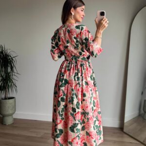 Elegant Pink A-Line Midi Dress With Floral Pattern - Brand: Cream Rouge - Women & Kids, Baby Clothes Wholesale - TheBS Women