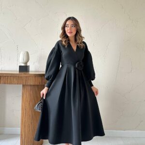 Modest Elegant Formal A-Line Maxi Dress With Long Ballon Sleeves And V-Neck - Brand: Elisa - Women & Kids, Baby Clothes Wholesale - TheBS Women