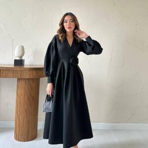 Modest Elegant Formal A-Line Maxi Dress With Long Ballon Sleeves And V-Neck - Brand: Elisa - Women & Kids, Baby Clothes Wholesale - TheBS Women