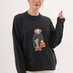 Black Oversized Fit Casual Sweater With Round Neck - Brand: Lustrin - Women & Kids, Baby Clothes Wholesale - TheBS Women