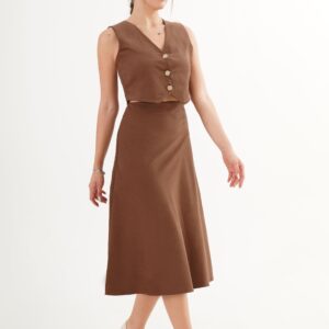 Brown Set - Elegant Sleeveless A-Line Midi Skirt - Brand: Lustrin - Women & Kids, Baby Clothes Wholesale - TheBS Women