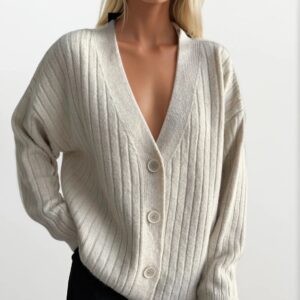 Beige Striped Oversized Fit Cardigan With V-Neck - Brand: Black Fashion - Women & Kids, Baby Clothes Wholesale - TheBS Women