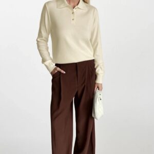 Beige Blouse With Polo Neck And Long Sleeves - Brand: Black Fashion - Women & Kids, Baby Clothes Wholesale - TheBS Women