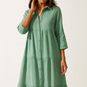 Green Polo Neck Shirt Dress With 3/4 Sleeves - Brand: Mode Roy - Women & Kids, Baby Clothes Wholesale - TheBS Women