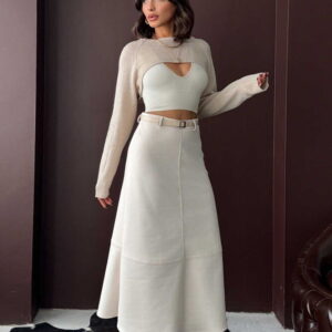 Beige Elegant Flared Midi High Waist Skirt - Brand: Topshow - Women & Kids, Baby Clothes Wholesale - TheBS Women