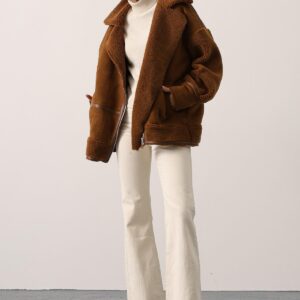 Brown Teddy Oversized Zip Up Jacket With Notched Collar - Brand: Reyon - Women & Kids, Baby Clothes Wholesale - TheBS Women