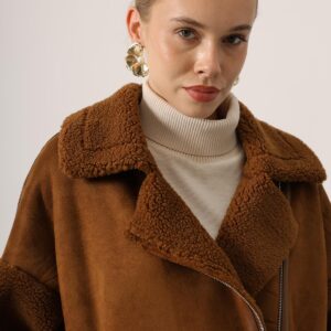Brown Teddy Oversized Zip Up Jacket With Notched Collar - Brand: Reyon - Women & Kids, Baby Clothes Wholesale - TheBS Women