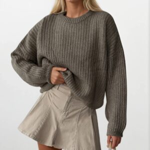 Grey Casual Oversized Sweater With Round Neck - Brand: Black Fashion - Women & Kids, Baby Clothes Wholesale - TheBS Women