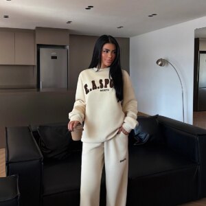 Beige Tracksuit - Oversized Casual Sport Streetwear Jogger - Brand: EYYO ATELIER - Women & Kids, Baby Clothes Wholesale - TheBS Women