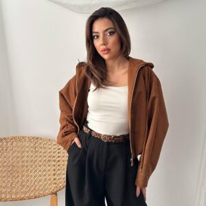 Brown Hooded Casual Streetwear Jacket - Brand: Elisa - Women & Kids, Baby Clothes Wholesale - TheBS Women