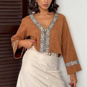 Brown Ethnic V-Neck Blouse With Geometric Pattern - Brand: Topshow - Women & Kids, Baby Clothes Wholesale - TheBS Women