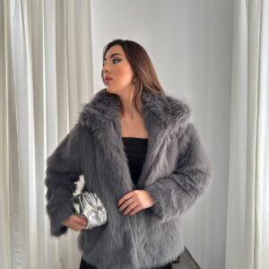 Grey Elegant Fur Jacket With Notched Collar - Brand: Elisa - Women & Kids, Baby Clothes Wholesale - TheBS Women