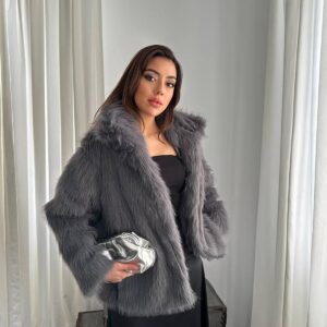 Grey Elegant Fur Jacket With Notched Collar - Brand: Elisa - Women & Kids, Baby Clothes Wholesale - TheBS Women