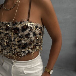 Gold Sequined Slim Fit Crop Blouse - Brand: Topshow - Women & Kids, Baby Clothes Wholesale - TheBS Women