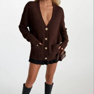 Oversized Fit V-Neck Cardigan With Patch Pockets - Brand: Black Fashion - Women & Kids, Baby Clothes Wholesale - TheBS Women