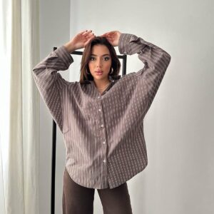 Brown Striped Oversized Fit Long Sleeve Shirt - Brand: Elisa - Women & Kids, Baby Clothes Wholesale - TheBS Women