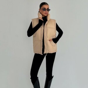 Beige Casual Zip-Up Vest With Slant Pockets - Brand: EYYO ATELIER - Women & Kids, Baby Clothes Wholesale - TheBS Women