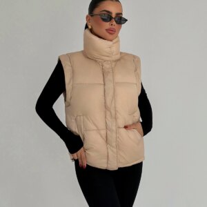 Beige Casual Zip-Up Vest With Slant Pockets - Brand: EYYO ATELIER - Women & Kids, Baby Clothes Wholesale - TheBS Women