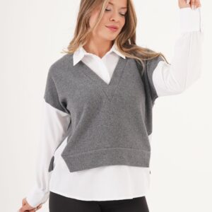 Grey Preppy Shirt With V-Neck And Buttoned Closure - Brand: Lustrin - Women & Kids, Baby Clothes Wholesale - TheBS Women