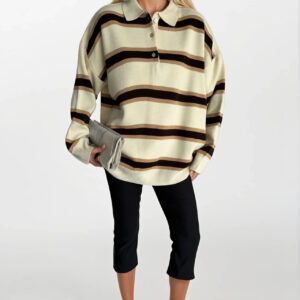 Beige Oversized Fit Striped Polo Neck Sweater - Brand: Black Fashion - Women & Kids, Baby Clothes Wholesale - TheBS Women