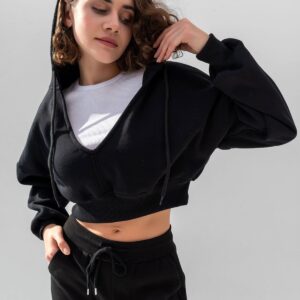 Hooded V-Neck Crop Thick Inside Fleece Knitted Sweatshirt - Brand: la & vetta - Women & Kids, Baby Clothes Wholesale - TheBS Women