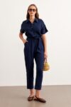 Waist Belt Button Detailed Long Jumpsuit Navy - Brand: Levure - Women & Kids, Baby Clothes Wholesale - TheBS Women