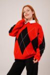 Red Argyle Oversized Fit Sweater – Brand: Lustrin – Women & Kids, Baby Clothes Wholesale – TheBS Women