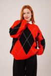 Red Argyle Oversized Fit Sweater - Brand: Lustrin - Women & Kids, Baby Clothes Wholesale - TheBS Women