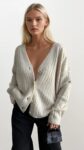 Beige Striped Oversized Fit Cardigan With V-Neck – Brand: Black Fashion – Women & Kids, Baby Clothes Wholesale – TheBS Women