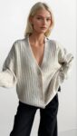 Beige Striped Oversized Fit Cardigan With V-Neck – Brand: Black Fashion – Women & Kids, Baby Clothes Wholesale – TheBS Women