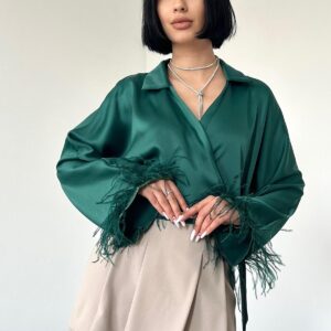 Satin Crop With Feather Sleeves - Emerald - Brand: Elisa - Women & Kids, Baby Clothes Wholesale - TheBS Women