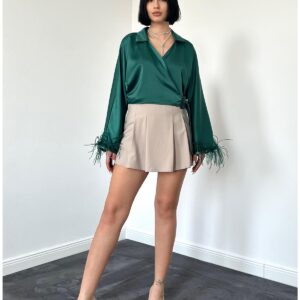 Satin Crop With Feather Sleeves - Emerald - Brand: Elisa - Women & Kids, Baby Clothes Wholesale - TheBS Women