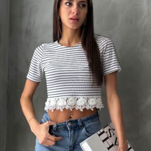 Cream Guipure Detailed Striped T-Shirt - Brand: Topshow - Women & Kids, Baby Clothes Wholesale - TheBS Women