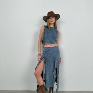 Ruffle Detail Denim Blouse - Light - Brand: Black Fashion - Women & Kids, Baby Clothes Wholesale - TheBS Women