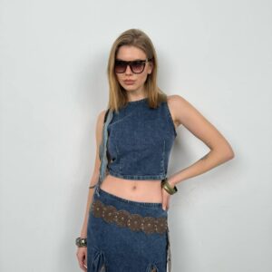 Ruffle Detail Denim Blouse - Dark - Brand: Black Fashion - Women & Kids, Baby Clothes Wholesale - TheBS Women