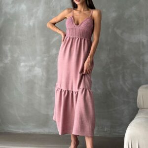 Powder Linen Strappy V-Neck Full-Length Dress - Brand: Topshow - Women & Kids, Baby Clothes Wholesale - TheBS Women