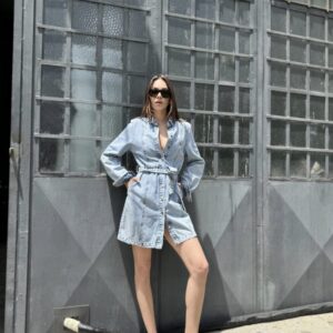 Denim Dress With Tie Detail - Blue - Brand: Cream Rouge - Women & Kids, Baby Clothes Wholesale - TheBS Women