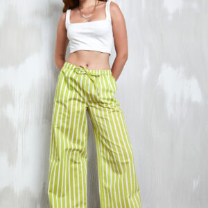 Oil Green White Striped 100% Cotton Elastic Waist Trousers 27370 - Brand: First Angels - Women & Kids, Baby Clothes Wholesale - TheBS Women