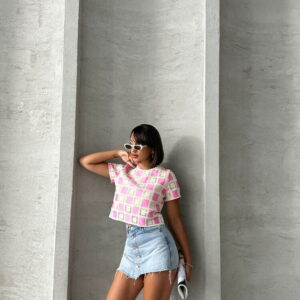 RawShort Sleeve Checkerboard Pattern Crochet Blouse - Brand: Topshow - Women & Kids, Baby Clothes Wholesale - TheBS Women