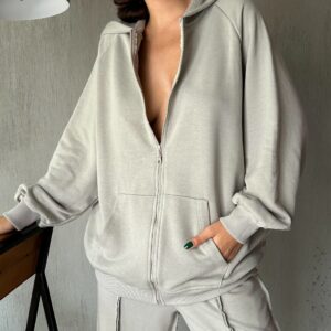 Gray Zippered Hooded Oversize Sweatshirt Without Raising 28178 - Brand: First Angels - Women & Kids, Baby Clothes Wholesale - TheBS Women