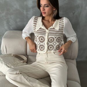 Stone Brown Floral Patterned Beaded Short Cardigan - Brand: Topshow - Women & Kids, Baby Clothes Wholesale - TheBS Women